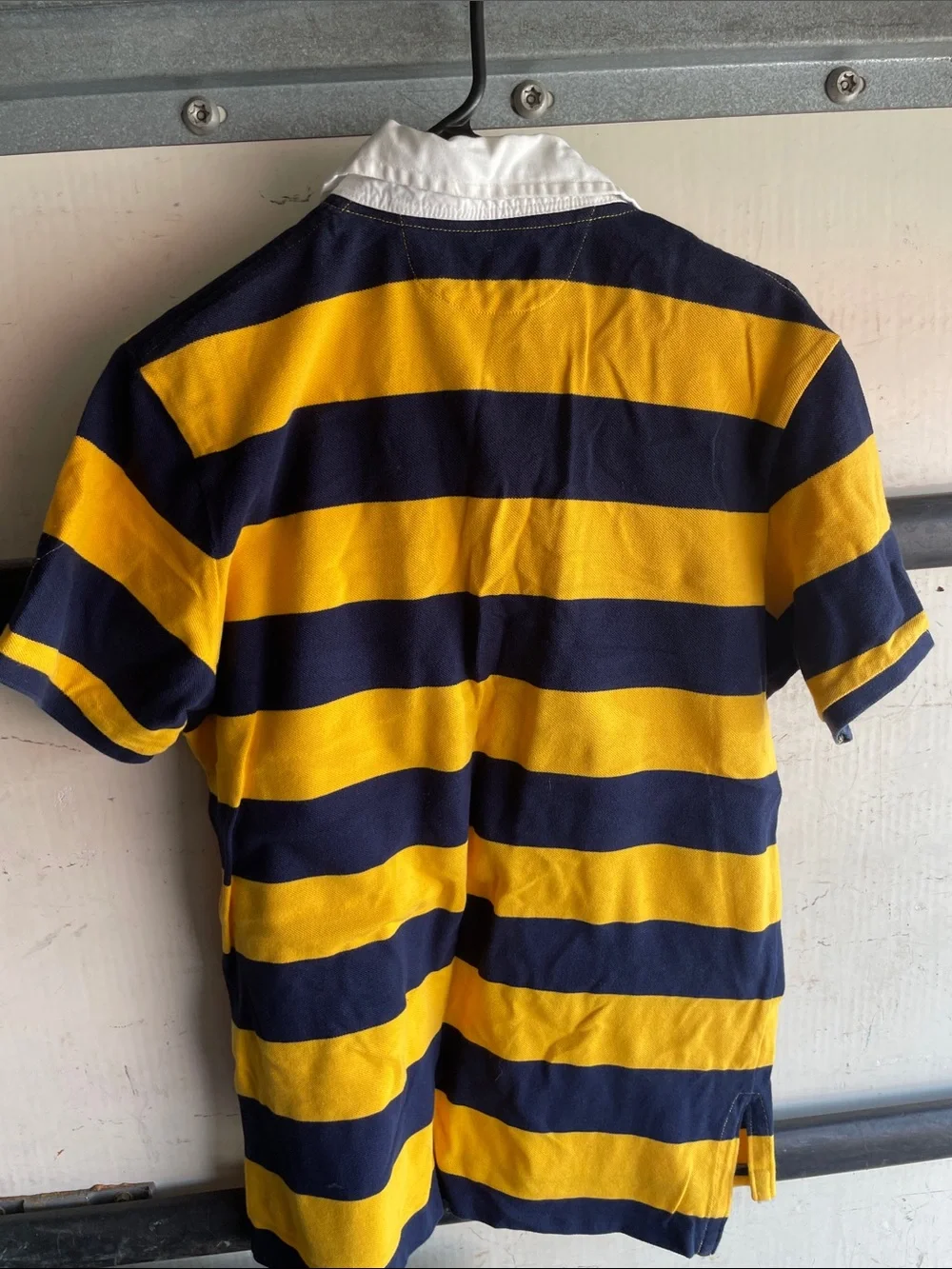 Ralph Lauren Polo Rugby Shirt - Navy and Yellow Stripes with White Collar